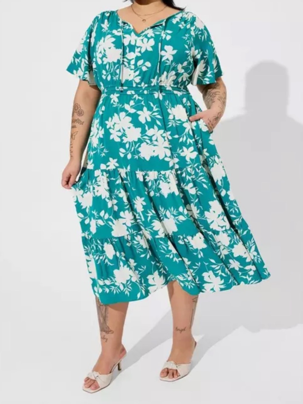 Torrid Tie-Neck Tiered Tea-Length Dress in Teal Floral